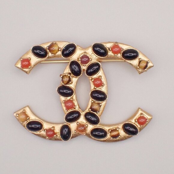 CHANEL CC Logo Color Stone Pin Brooch 01A Gold GHW France - Picture 1 of 5